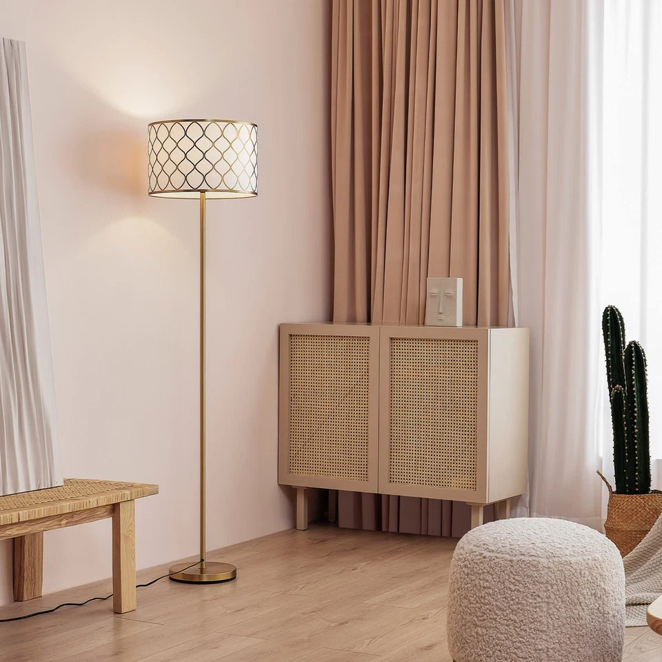 Lámpara de pie eléctrica 65787 Kinsley 65", latón mate, malla metálica sobre pantalla de algodón Foto 3 de 4