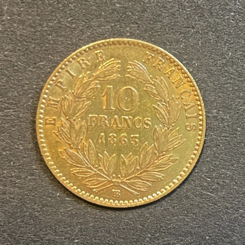 1863 BB Francia Oro 10 Francos Napoleón III Laureado Foto 4 de 4