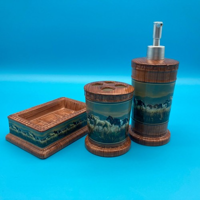 #ad VTG Sears quot;Band of Thunderquot; 3 Pc Ceramic Horse Bathroom Accessories Set Western C $35.20