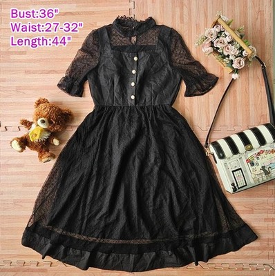 abc une face Women Lace Maxi Dress Gothic Jiral Kei Ryu San Goth kawaii Black