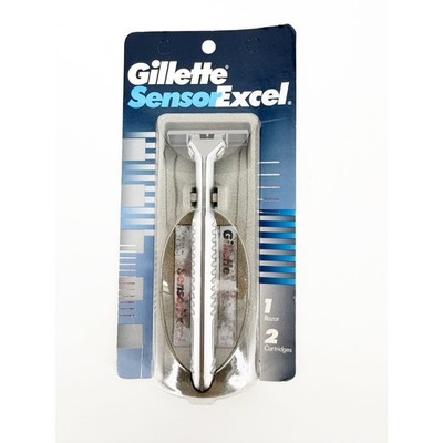 Original Gillette Sensor Excel Razor Metal Handle Shaver +2 Cartridges USA 1993