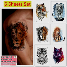 Set of 6 - Waterproof Temporary Tattoo Stickers Animal Tiger Wolf Arm  Body Art