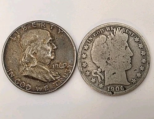 Lot of 2 90% Silver Half Dollars: 1900-S Barber (Better Date!) & 1960 Franklin