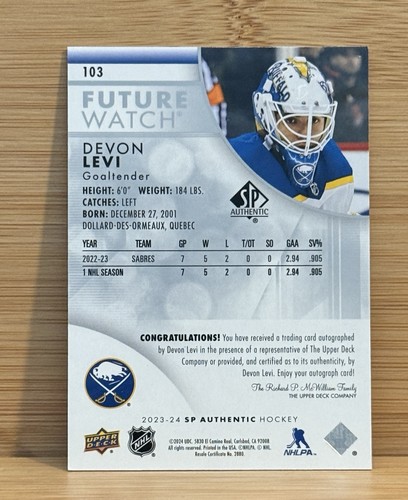2023-24 SP Authentic Future Watch Rookie Auto #103 Devon Levi /999 Sabres - Picture 2 of 2