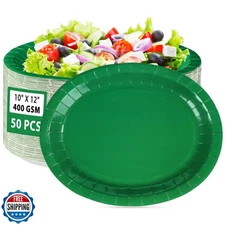 50 Pcs Green Oval Paper Plates 10"x12" Large Green Christmas Plates Disposabl