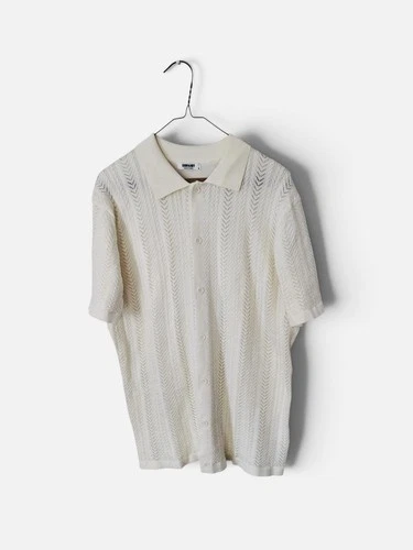 Coofandy Mens Knit Polo Shirt Medium Cream White Textured Crochet Button Up - product listing photo