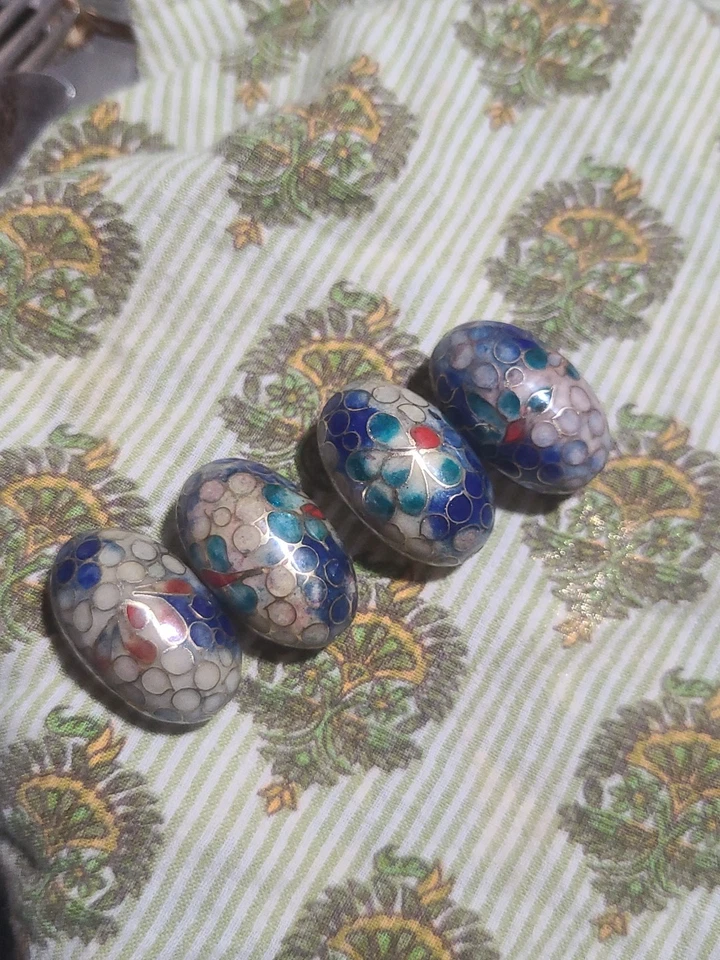 Vintage Large Oval Cloisonne Beads Blue  White, Coral Flowers - Image 2 of 4