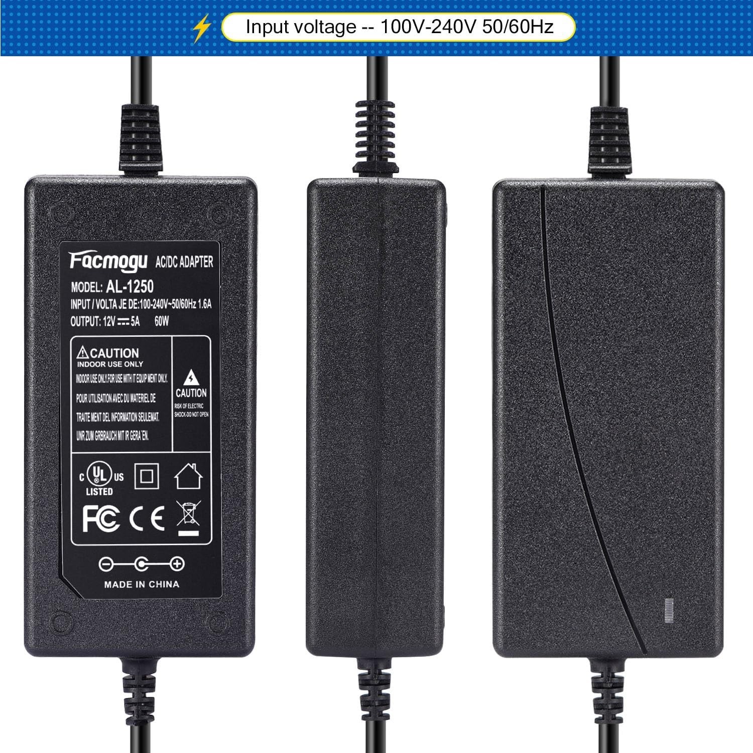 Facmogu 60W 12V 5A AC/DC Power Adapter, 100-240V AC to DC 