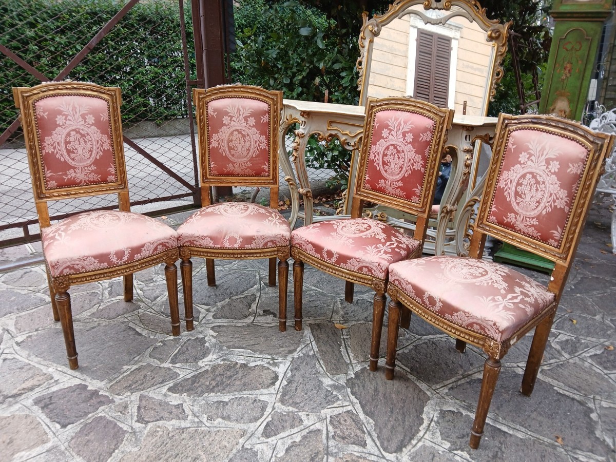 GRUPPO SEDIE DORATE CON STOFFA ROSA DECORATA BAROCCHETTO