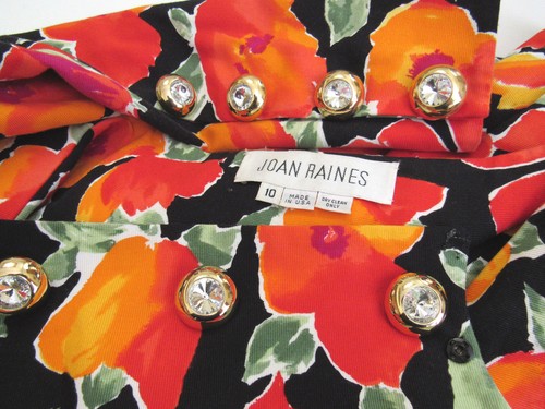 JOAN RAINES FLORAL SKIRT SUIT SIZE 10 SILK COTTON LINEN? LINED LUCITE BUTTONS - Picture 2 of 12