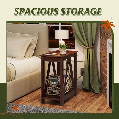 Narrow End Table with Charging Station of Open Storage Shelf,Sofa Side Table wit - Picture 8 of 8