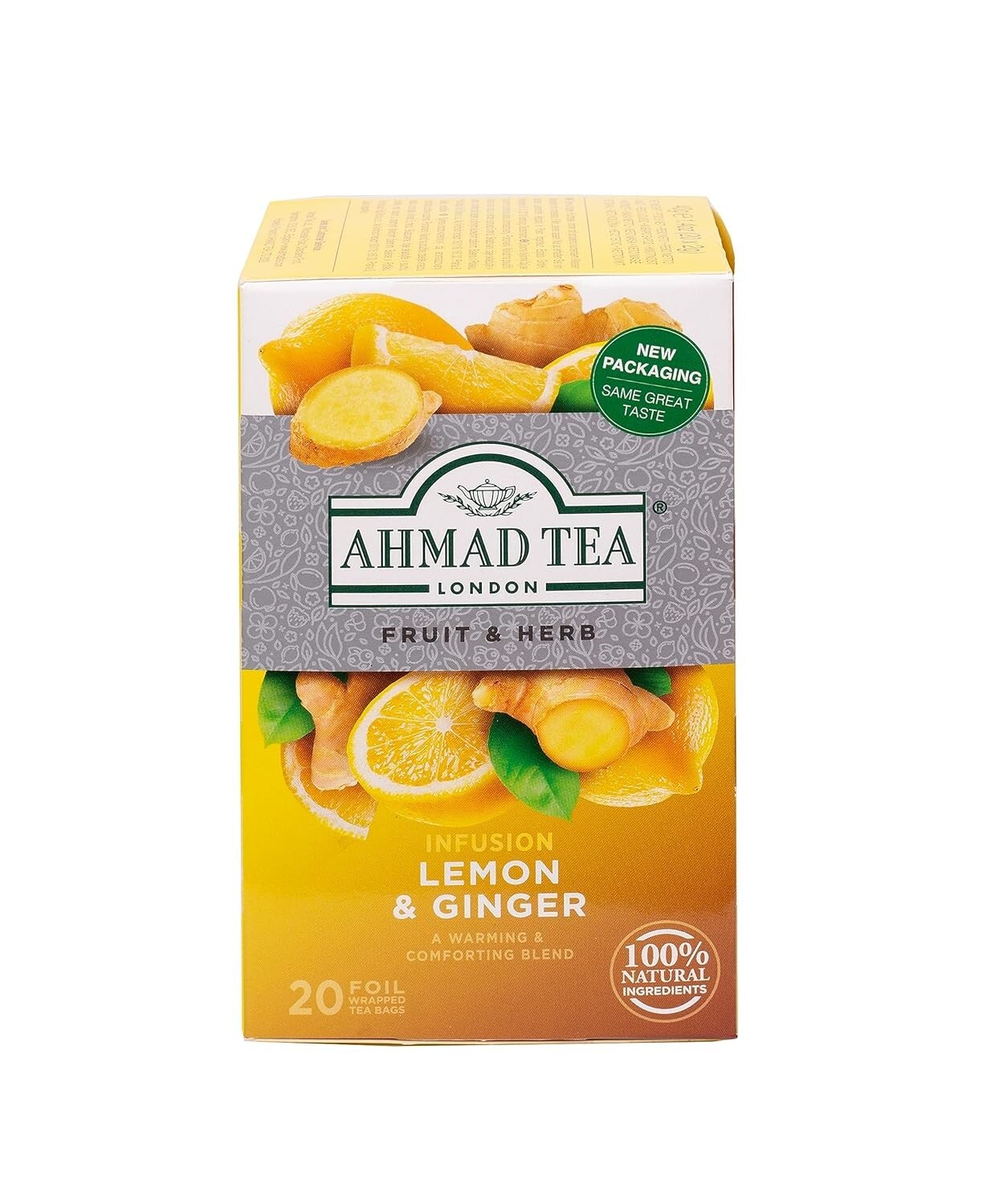 Ahmad Green Tea Fruit Herbs Infusion Lemon Ginger 20 Teabags Caffeine Free