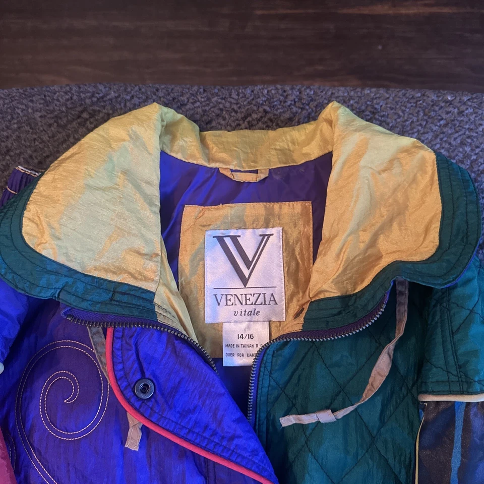 Terno de pista vintage Venezia roxo amarelo vermelho funky abstrato Picasso feminino 14/16 - Imagem 2 de 4