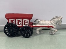 Cast Iron White Horse and Ice Wagon With Black Wagon Wheels Turn Vintage Toy