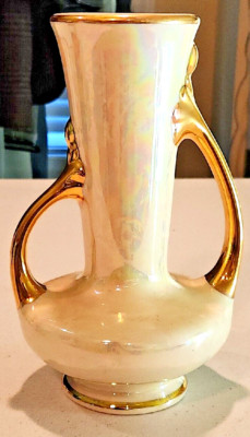 Vintage Pearl China 7.25'' Vase w/ Gold Double Handle #105