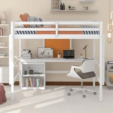 High Quality  Full size Loft Bed w/ Desk and Writing Board, Wooden Loft Bed