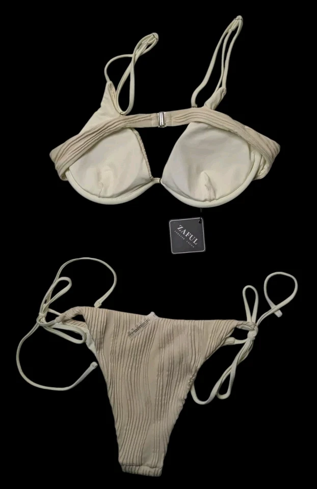 Bikini Zaful para mujer talla L beige - acanalado - texturizado - alambre - lazo lateral inferior - nuevo con etiquetas Foto 2 de 4