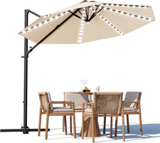 Beige 10FT Offset Patio Umbrella with Solar Lights  360  Rotation