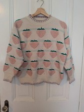 Vintage Handmade Womens Strawberry Knit Sweater Pink White Striped Pullover XS/S