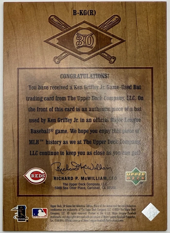 2001 Upper Deck SP Game Bat Ken Griffey Jr Bound for the Hall Bat Card B-KG(R) - Image 2 of 2