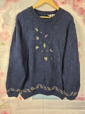 Vintage Northern Reflections Parkhurst Canada blau Strick bestickt Blätter Pullover L
