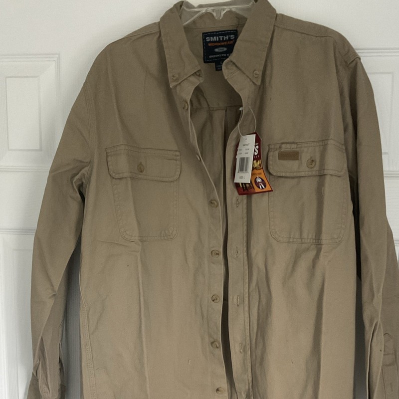 Smith's Workwear Men's L Regular Tan Cotton Twill Button-Up Shirt Pockets