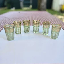 Set of 5 Vintage Authentic Moroccan Tea Glasses Hand-Painted with Gold Trim 4 oz