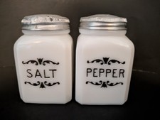 SALT & PEPPER FRANK TEA & SPICE CO Milk Glass w/BLACK-NICE Condition No Chips