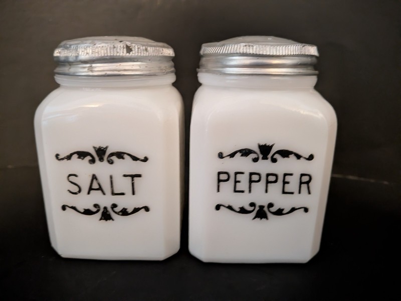 SALT & PEPPER FRANK TEA & SPICE CO  Milk Glass w/BLACK-NICE Condition No Chips