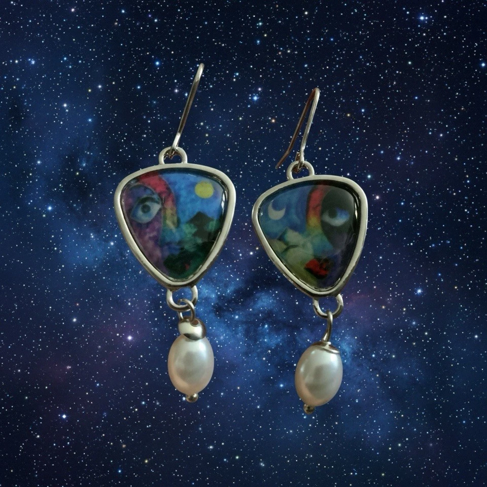 Pendientes artesanales cara ojo luna sol plata perla desajuste arte moderno boho encanto Foto 3 de 4