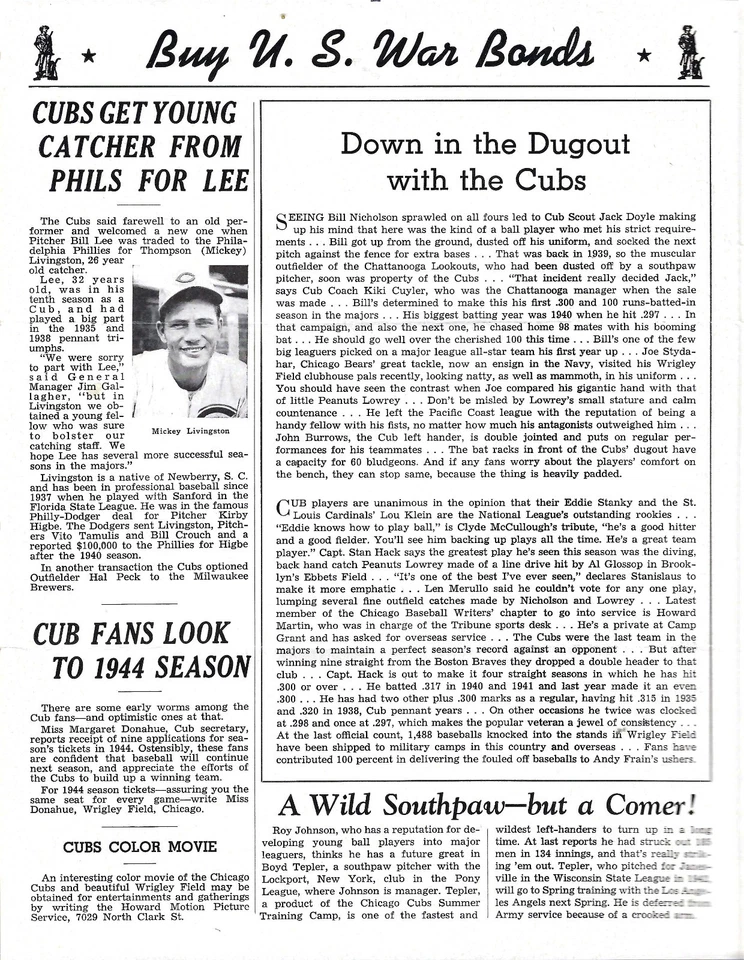 1943 Chicago Cubs News Newsletter 9/1/43 - Bill Nicholson cover - Image 2 of 4