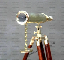 18 Inch Nautical Brass Polish Hidden Telescope W/Brown Wooden Tripod Stand Gift
