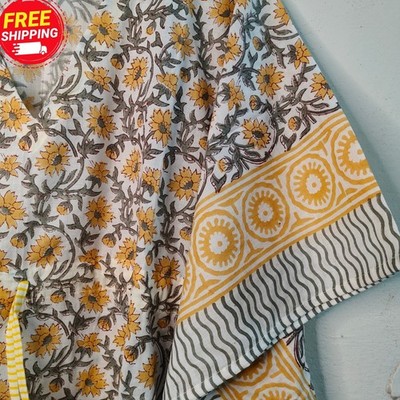 Women Hand Block Print Kaftan Cotton Floral Yellow Boho Maxi Dress Beach Cover U