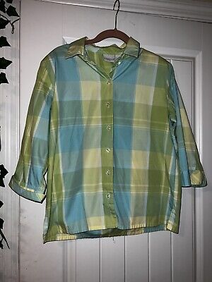 Kim Rogers petite womens green blue plaid button down blouse 3/4 sleeve 8P  | eBay