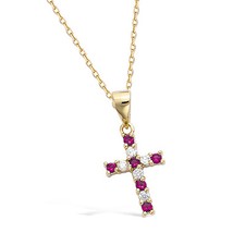 Collier 45cm Croix Rubis & Diamant Cz 23mm Plaqué Or 18K 3Micron Dolly-Bijoux