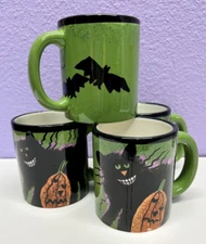 Green Halloween Mugs Cups Set of 4 Black Cat Bats Kitchen Lillian Vernon