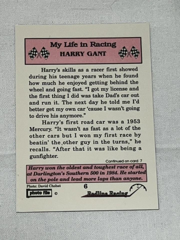 Harry Gant REDLINE RACING PHOTOFILE #6 VINTAGE NASCAR LEGEND signed card - Image 2 of 2