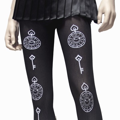 HOT TOPIC WHITE PRINT CLOCK KEY  BLACK OPAQUE TIGHTS  HARD 2 FIND WINTER SALE