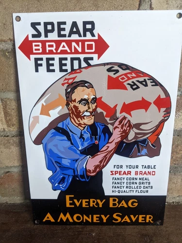 VINTAGE SPEAR BRAND FEED FARM PORCELAIN METAL SIGN 12" X 8"