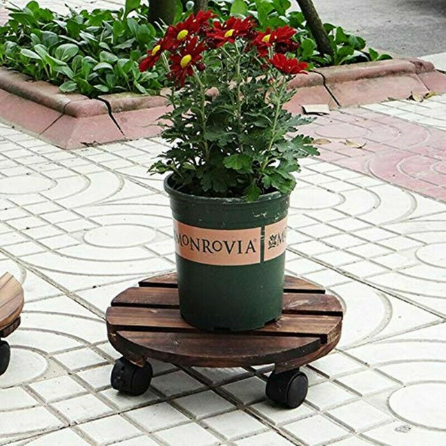 11.8" Rotating Casters Flower Pot Stand Rack Wood Roller Plant Wheel