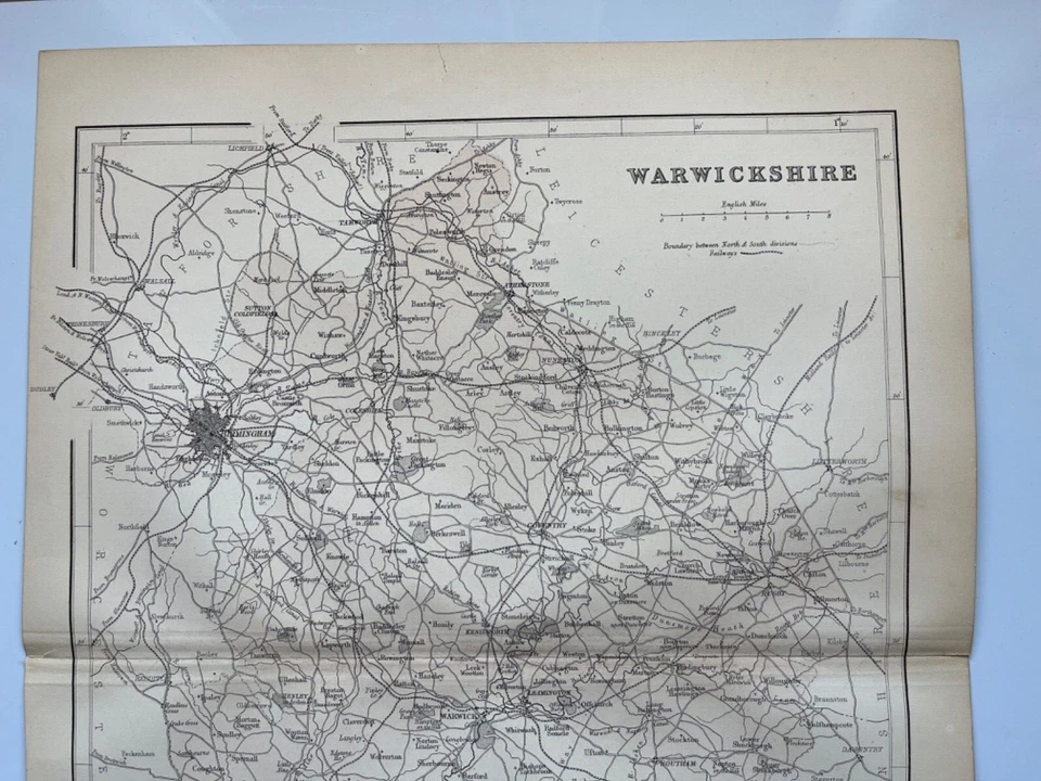 Cromolitógrafo antiguo mapa del condado de Warwickshire Inglaterra 1868 Foto 2 de 4