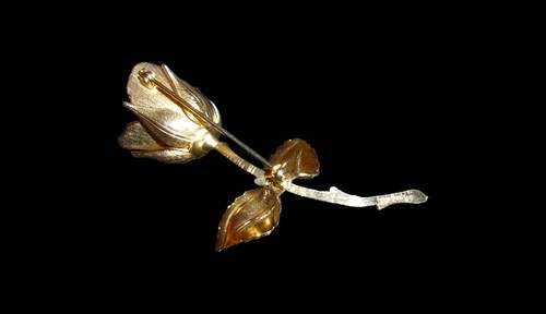 Vintage Gold Tone Rose Stem Brooch Pin Rosebud Signed Giovanni - Picture 6 of 6