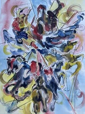 VINTAGE PAINTING ABSTRACT EXPRESSIONISM HORSES CAROUSEL CARNIVAL FAIR 1960'S