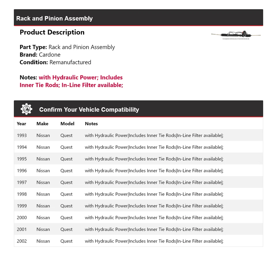 Montaje de piñón y cremallera para Nissan Quest 1993-2002 Cardone 1994 1995 1996 1997 Foto 2 de 4