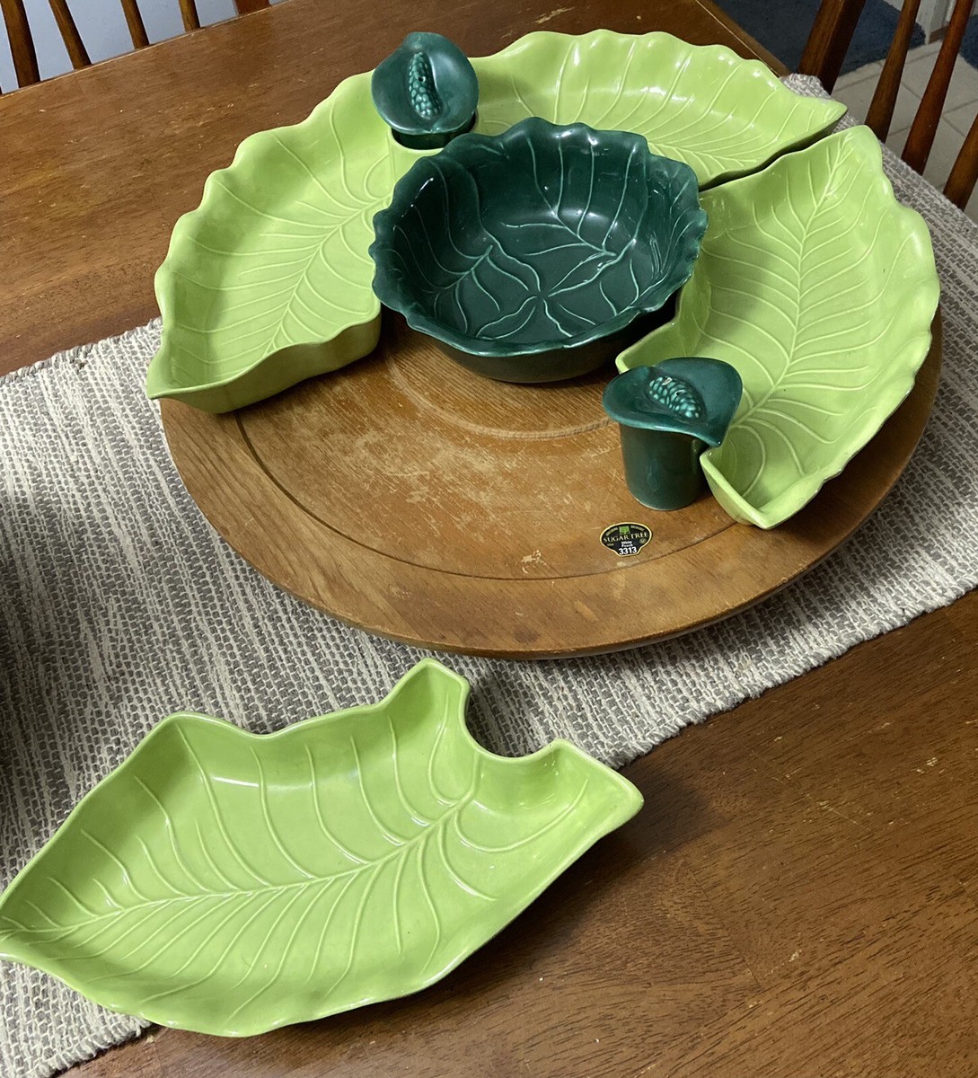 Vintage 7 Piece California Pottery Lazy Susan Chip Dip Set + Salt