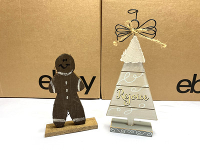 Set of 2 Wooden Christmas Decor Gingerbread Man & Rejoice Tree Shelf Sitter USA