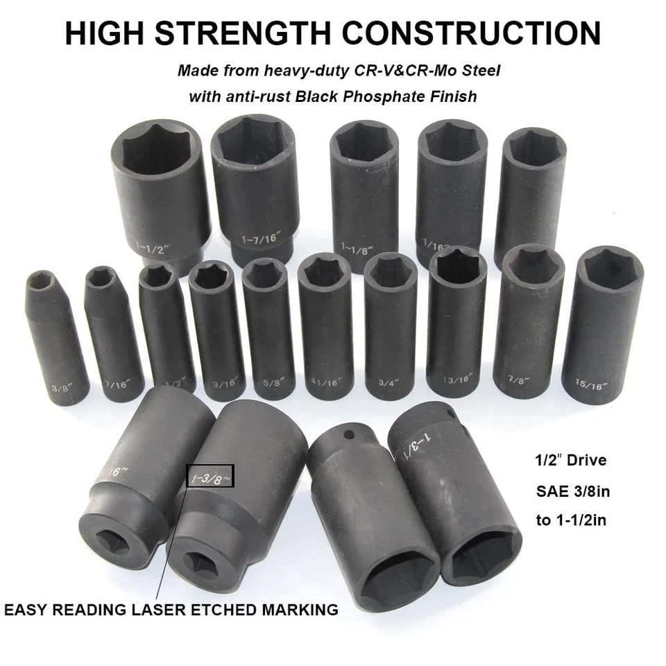 19 Piece 1/2-Inch Drive Impact Socket Set, Deep, SAE, 3/8" to 1-1/2", CR-V&Cr... - Image 3 of 4