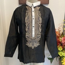 Filipino Formal Attire Barong Tagalog XL Grey Black Ombr  Embroidery Button Up