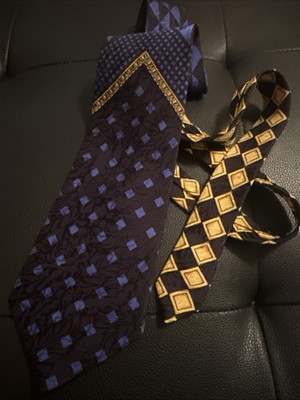 VERSACE Vintage  Baroque  100% Silk Tie-Blue & Gold Diamonds on Black - SPAIN