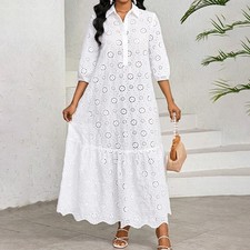 Women’s Hollow Out Maxi Dress Long Sleeve V-Neck Eyelet Casual Dress